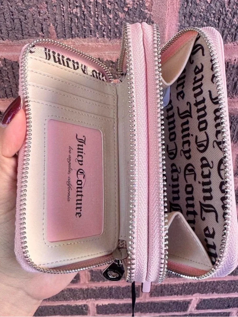 Juicy Couture Light Pink Bow Heart Zip Wallet with Silver Hardware